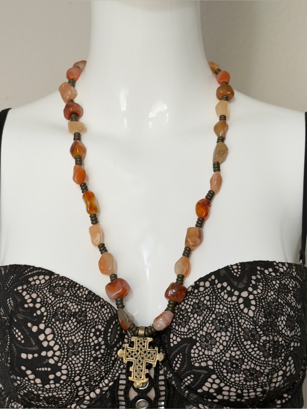 Solid Brass & Carnelian Agate Beaded Ethiopian Coptic Cross Necklace, Heavy 128g